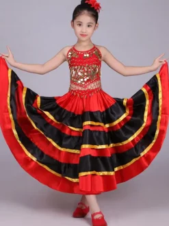 Kids Belly Dance Costumes Red Flamenco Dress Paso Doble Costumes Spanish Skirt for Girls Carnival