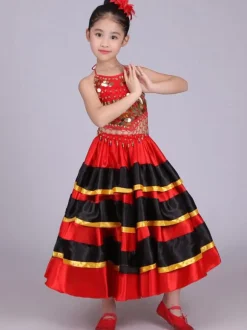 Kids Belly Dance Costumes Red Flamenco Dress Paso Doble Costumes Spanish Skirt for Girls Carnival