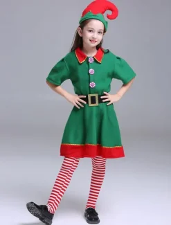 Kids Christmas Elf Costumes Little Girls Half Sleeve Dresses Set 3 Piece Halloween