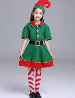 Kids Christmas Elf Costumes Little Girls Half Sleeve Dresses Set 3 Piece Halloween