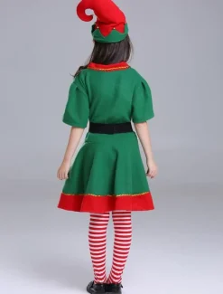 Kids Christmas Elf Costumes Little Girls Half Sleeve Dresses Set 3 Piece Halloween