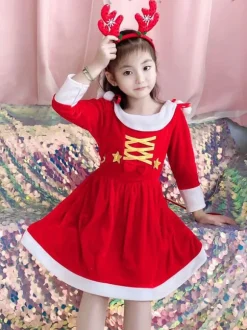 Kids Tunic Dress For Christmas Red Polyester Fiber Christmas Holidays Party Dress