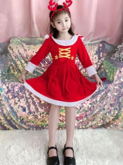 Kids Tunic Dress For Christmas Red Polyester Fiber Christmas Holidays Party Dress