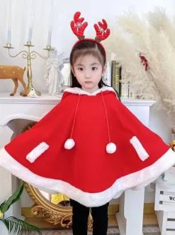 Kids Christmas Cape Red Polyester Fiber Cloak Color Block Christmas Holidays Capes