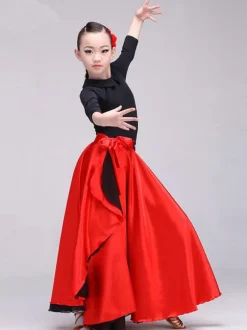Kids Flamenco Dance Dress Paso Doble Costumes Red Long Spanish Skirt