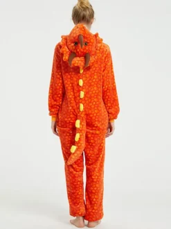 Kigurumi Onesie Pajamas For Adult Oragnge Red Polyester Kigurumi Dinosaur Costumes