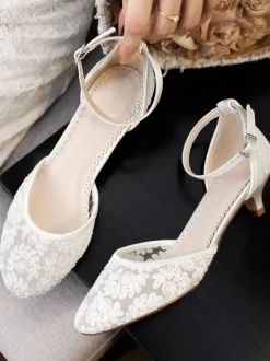 Kitten Heel Bridal Shoes Lace Applique Round Toe Ankle Strap Bridal Shoes