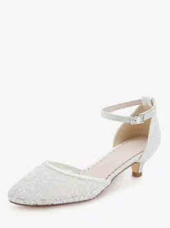 Kitten Heel Bridal Shoes Lace Applique Round Toe Ankle Strap Bridal Shoes