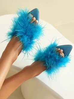 Kitten Heel Mules Feather Detail Backless Sandals