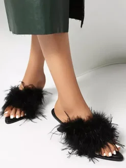 Kitten Heel Mules Feather Detail Backless Sandals