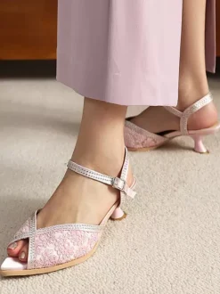 Kitten Heel Pumps Peep Toe Lace Rhinestones Mother Of The Bride Shoes