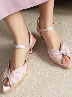 Kitten Heel Pumps Peep Toe Lace Rhinestones Mother Of The Bride Shoes