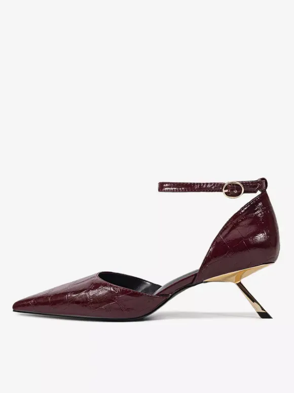Kitten Heel Pumps Women's Pointed Toe Stone Pattern Ankle Strap Pumps