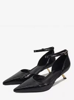 Kitten Heel Pumps Women's Pointed Toe Stone Pattern Ankle Strap Pumps