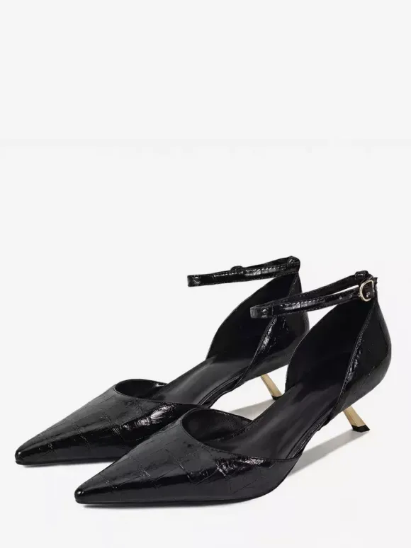 Kitten Heel Pumps Women's Pointed Toe Stone Pattern Ankle Strap Pumps