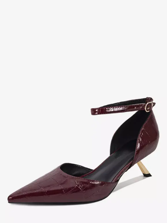 Kitten Heel Pumps Women's Pointed Toe Stone Pattern Ankle Strap Pumps