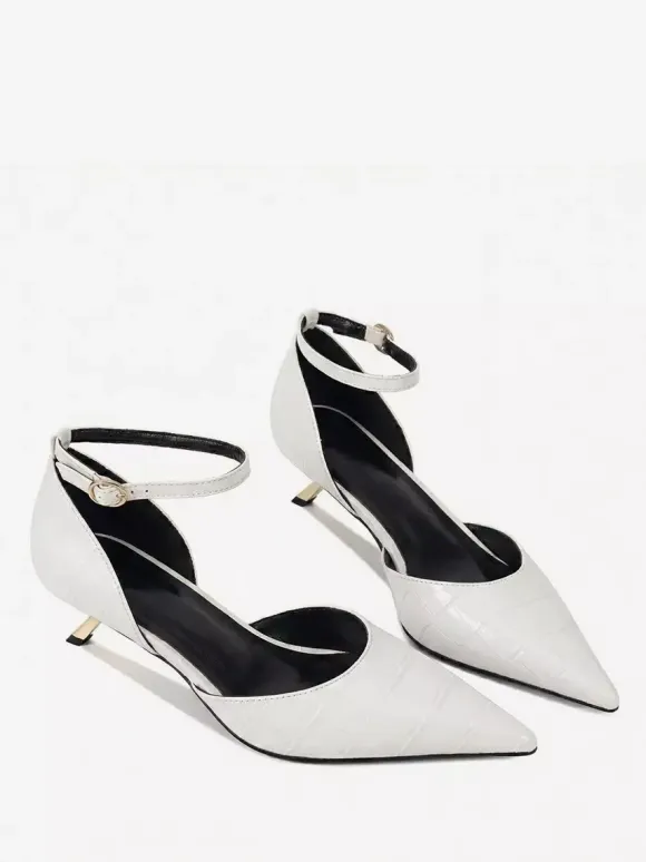 Kitten Heel Pumps Women's Pointed Toe Stone Pattern Ankle Strap Pumps