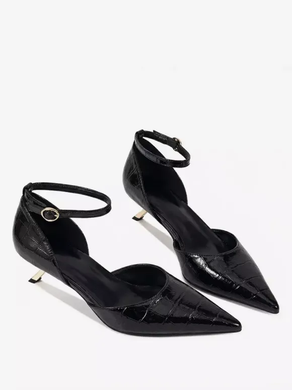 Kitten Heel Pumps Women's Pointed Toe Stone Pattern Ankle Strap Pumps