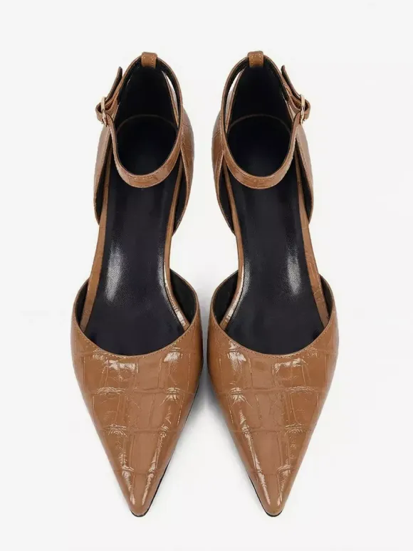 Kitten Heel Pumps Women's Pointed Toe Stone Pattern Ankle Strap Pumps
