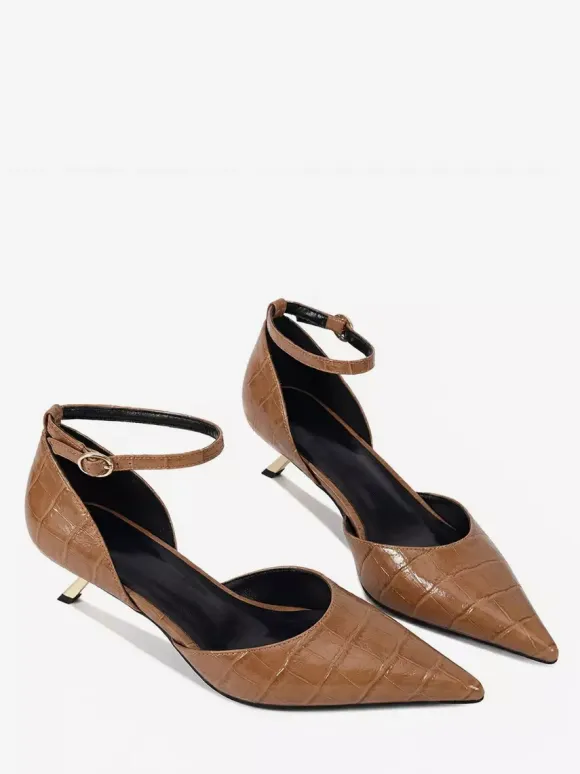 Kitten Heel Pumps Women's Pointed Toe Stone Pattern Ankle Strap Pumps