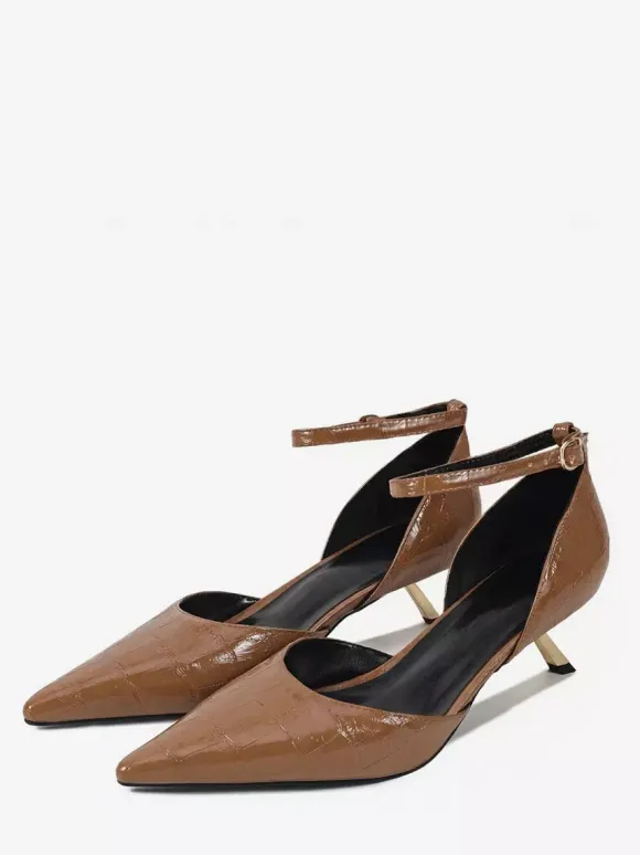 Kitten Heel Pumps Women's Pointed Toe Stone Pattern Ankle Strap Pumps