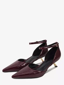 Kitten Heel Pumps Women's Pointed Toe Stone Pattern Ankle Strap Pumps