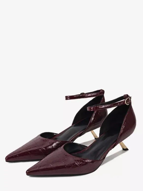 Kitten Heel Pumps Women's Pointed Toe Stone Pattern Ankle Strap Pumps