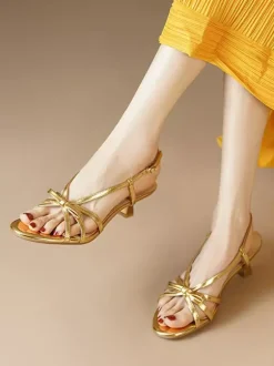 Kitten Heel Sandals Gold Open Toe Bow Strappy Sandal Shoes For Women