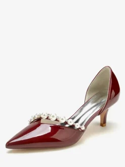 Kitten Heel Wedding Shoes Patent PU Upper Pointed Toe Pearls Bridal Pumps