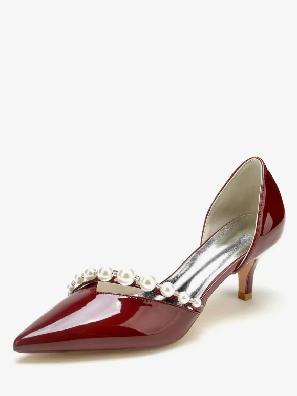 Kitten Heel Wedding Shoes Patent PU Upper Pointed Toe Pearls Bridal Pumps