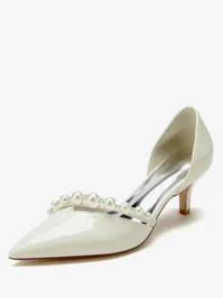 Kitten Heel Wedding Shoes Patent PU Upper Pointed Toe Pearls Bridal Pumps