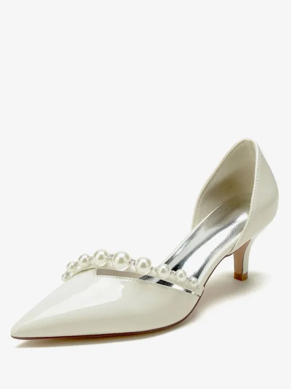 Kitten Heel Wedding Shoes Patent PU Upper Pointed Toe Pearls Bridal Pumps