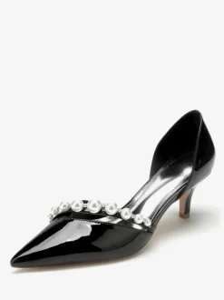 Kitten Heel Wedding Shoes Patent PU Upper Pointed Toe Pearls Bridal Pumps
