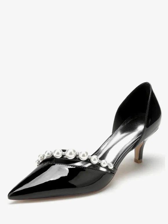 Kitten Heel Wedding Shoes Patent PU Upper Pointed Toe Pearls Bridal Pumps