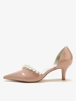 Kitten Heel Wedding Shoes Patent PU Upper Pointed Toe Pearls Bridal Pumps