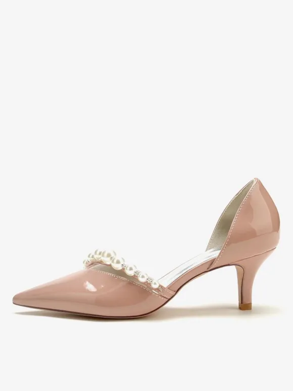 Kitten Heel Wedding Shoes Patent PU Upper Pointed Toe Pearls Bridal Pumps