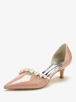 Kitten Heel Wedding Shoes Patent PU Upper Pointed Toe Pearls Bridal Pumps