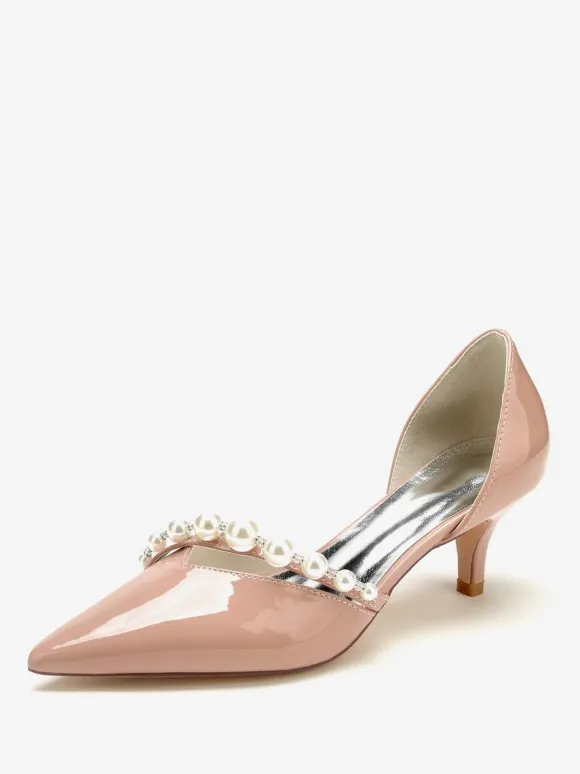 Kitten Heel Wedding Shoes Patent PU Upper Pointed Toe Pearls Bridal Pumps