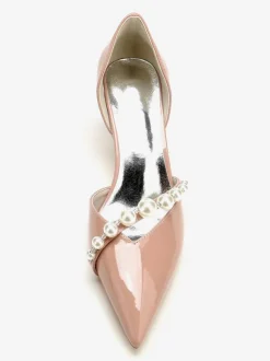 Kitten Heel Wedding Shoes Patent PU Upper Pointed Toe Pearls Bridal Pumps