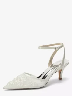 Kitten Heel Wedding Shoes Lace Pointed Toe Ankle Strap Bridal Shoes