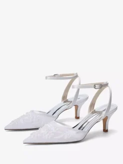 Kitten Heel Wedding Shoes Lace Pointed Toe Ankle Strap Bridal Shoes