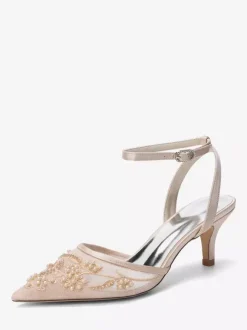Kitten Heel Wedding Shoes Lace Pointed Toe Ankle Strap Bridal Shoes