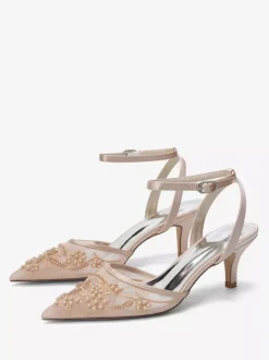 Kitten Heel Wedding Shoes Lace Pointed Toe Ankle Strap Bridal Shoes