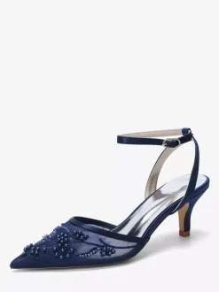Kitten Heel Wedding Shoes Lace Pointed Toe Ankle Strap Bridal Shoes