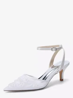 Kitten Heel Wedding Shoes Lace Pointed Toe Ankle Strap Bridal Shoes