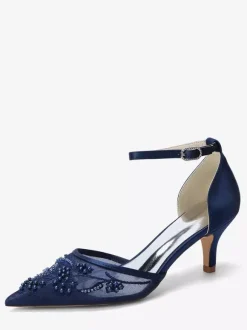 Kitten Heel Bridal Shoes Pointed Toe Beaded Ankle Strap Bridal Shoes