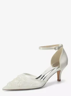 Kitten Heel Bridal Shoes Pointed Toe Beaded Ankle Strap Bridal Shoes