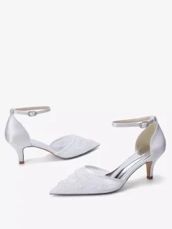 Kitten Heel Bridal Shoes Pointed Toe Beaded Ankle Strap Bridal Shoes
