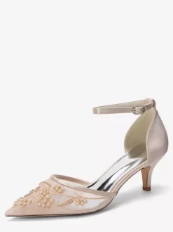 Kitten Heel Bridal Shoes Pointed Toe Beaded Ankle Strap Bridal Shoes