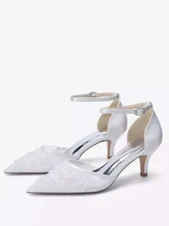 Kitten Heel Bridal Shoes Pointed Toe Beaded Ankle Strap Bridal Shoes
